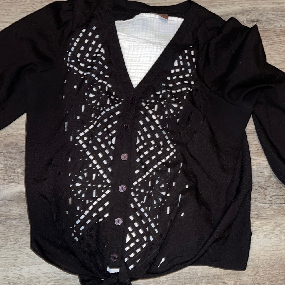 Eyeshadow laser cut tie front button down blouse 3/4 sleeve